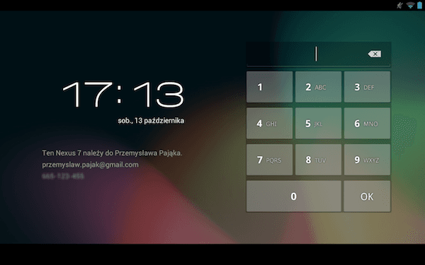 Android 4.1.2, Nexus 7, ekran logowania 
