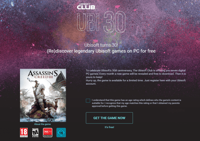 Assassin's Creed III za darmo. Szukaj na stronie i w aplikacji zakładki &quot;Ubi 30&quot;. class="wp-image-532923" 