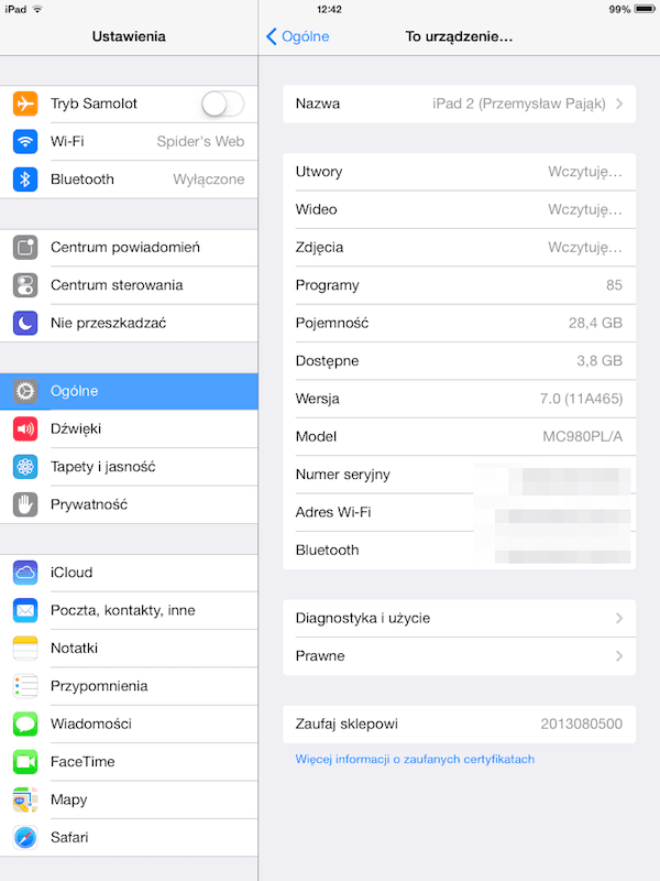 iOS7, iPad 2, ustawienia 