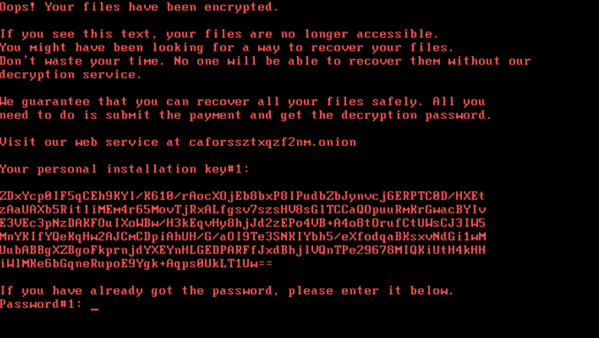 Taki ekran wyświetla komputer zaatakowany przez ransomware Bad Rabbit. class="wp-image-615784" 