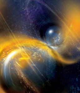 Wizja artystyczna przedstawiająca proces łączenia dwóch gwiazd neutronowych. Źródło: NSF/LIGO/Sonoma State University/A. Simonnet class="wp-image-1067397" 