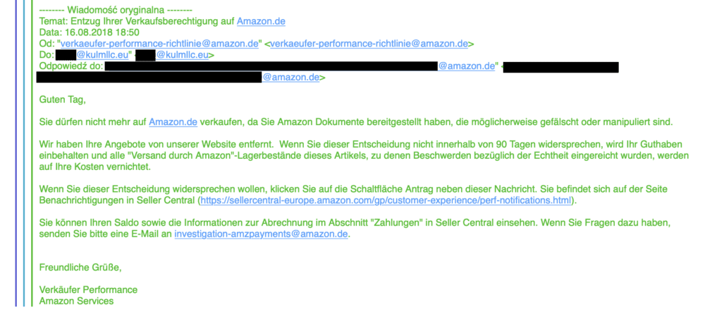 Mail od Amazonu, który Durina przesyłał dostawcom jako wyjaśnienie. class="wp-image-1087200" 
